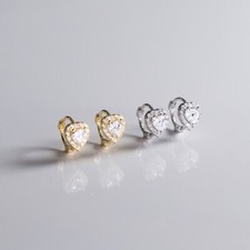 Woman Real S925 Sterling Silver Sparkling CZ Cute Heart Earring Huggie