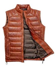Men's Lambskin Leather Down Puffer Biker Vest - Padded Quilted Jacket, Warm Vest