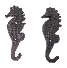 Pair of Cast Iron Seahorse Wall Hooks for Bath Towel or Keys at Beach House