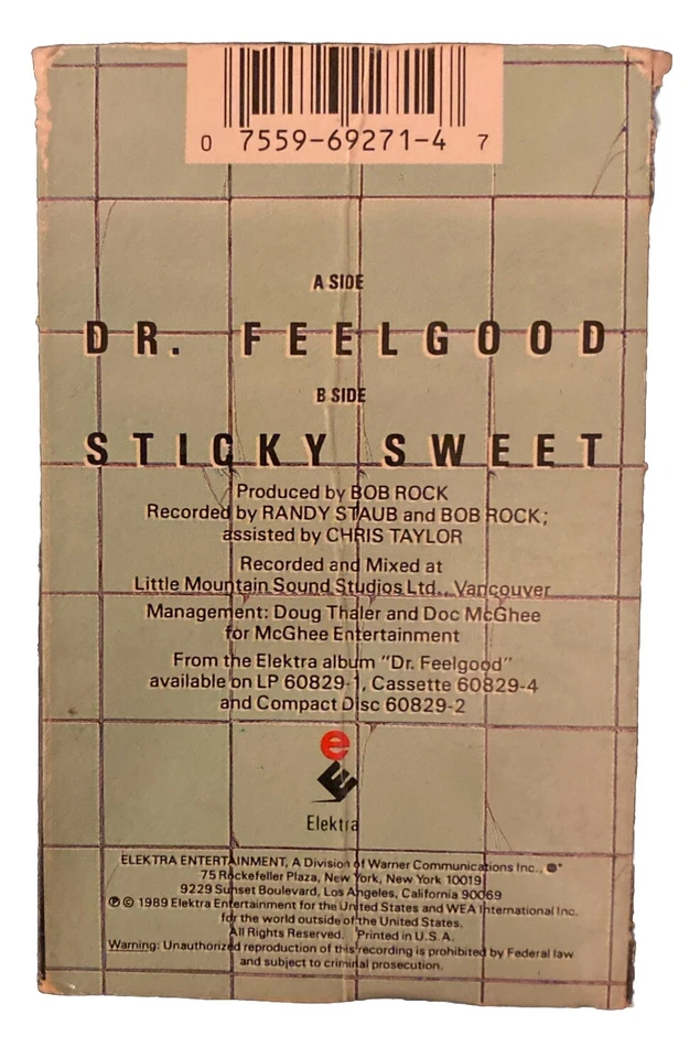 VINTAGE 1989 MOTLEY CRUE DR FEELGOOD /STICKY SWEET CASSETTE SINGLE Foto 2 de 2