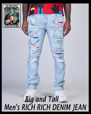 Mens Big Tall Jean Evolution Rich Rich Light Blue Wash Denim Hip Hop Streetwear