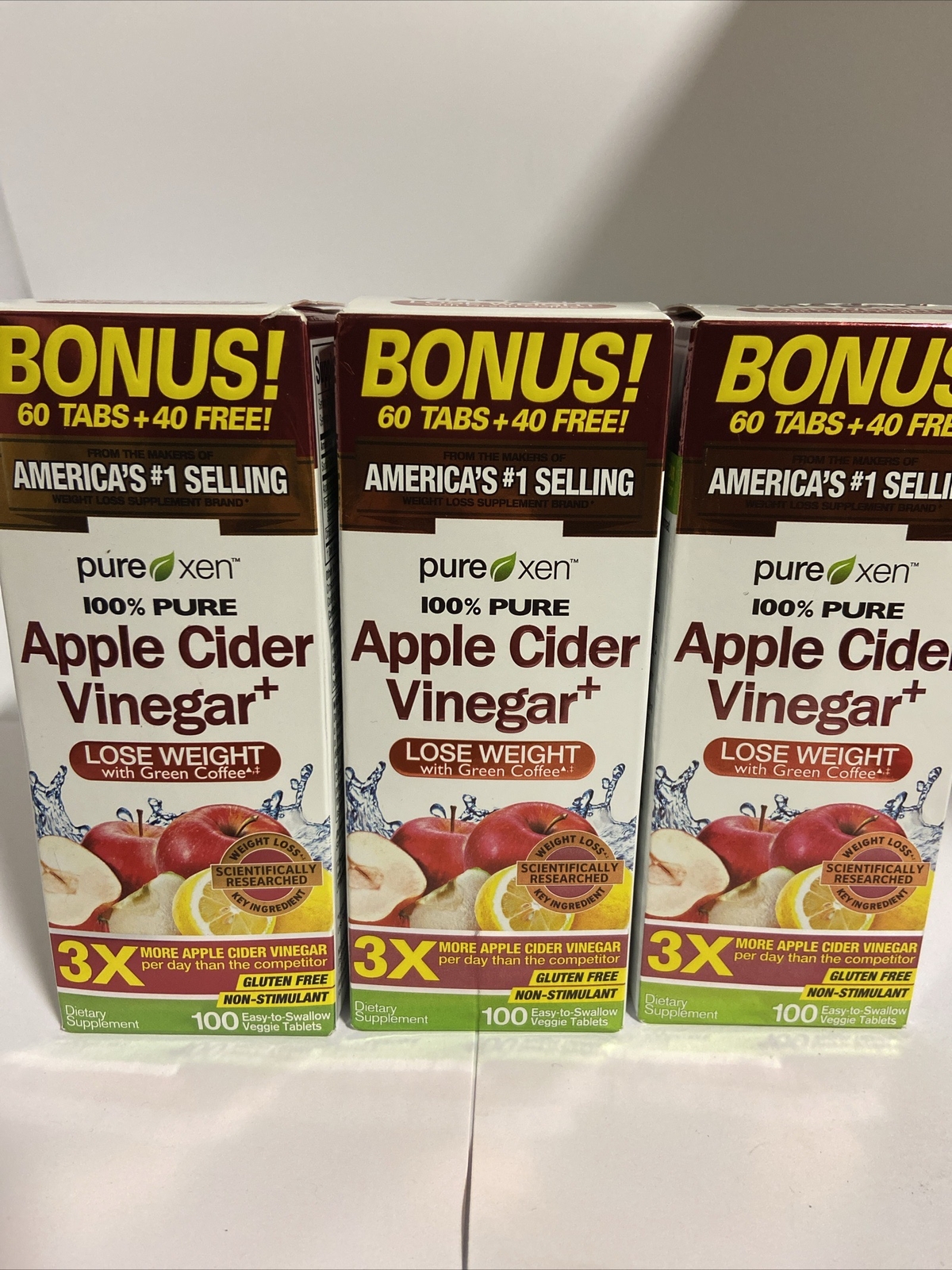 3X Pure Xen Apple Cider Vinegar Pills Weight Loss, 100 ct Exp 04/2024