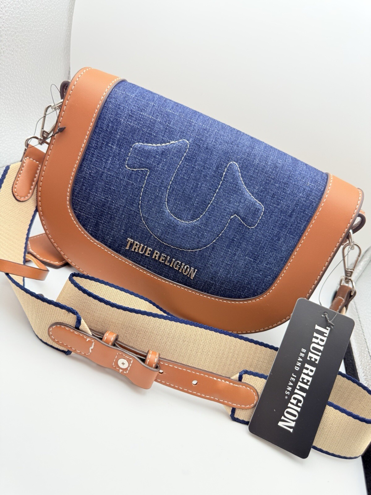 NWT Original TRUE RELIGION Flap Denim Saddle Crossbody Bag Stitched Blue Brown image 2
