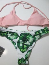 Zaful Womens Size 4/S Bikini Pink/Green Bralette Lined Crossback Cheeky Swimwear