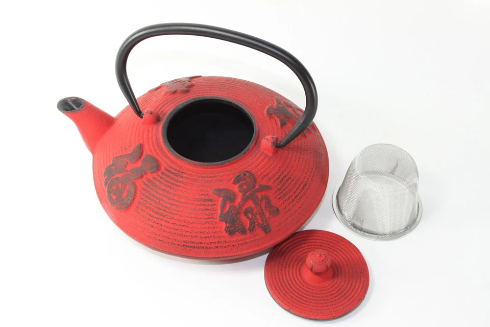 24 fl oz Red Fu Lu Shou Xi Chinese Cast Iron Teapot Tetsubin with Infuser Filter - Image 3 of 4