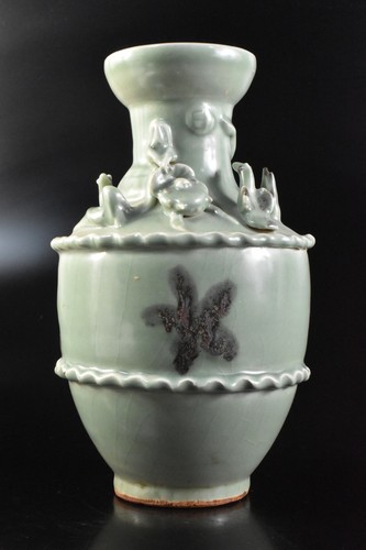 F9735: XF Chinese Celadon Bird Animal sculpture FLOWER VASE Buddhist art