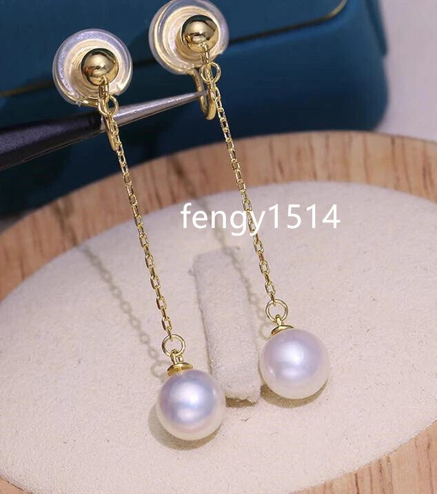 Real AAA+ 6-7mm natural White Akoya round pearl earrings clip-on long earrings - Image 2 of 4