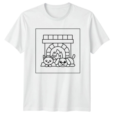 Katze Hund Kamin Haustiere Herren T-Shirt Damen Tee Grafik Unisex Top