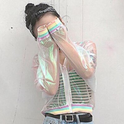 Regenbogen Frauen Jacke Hologramm Klar Schillernd Transparent Sunproof