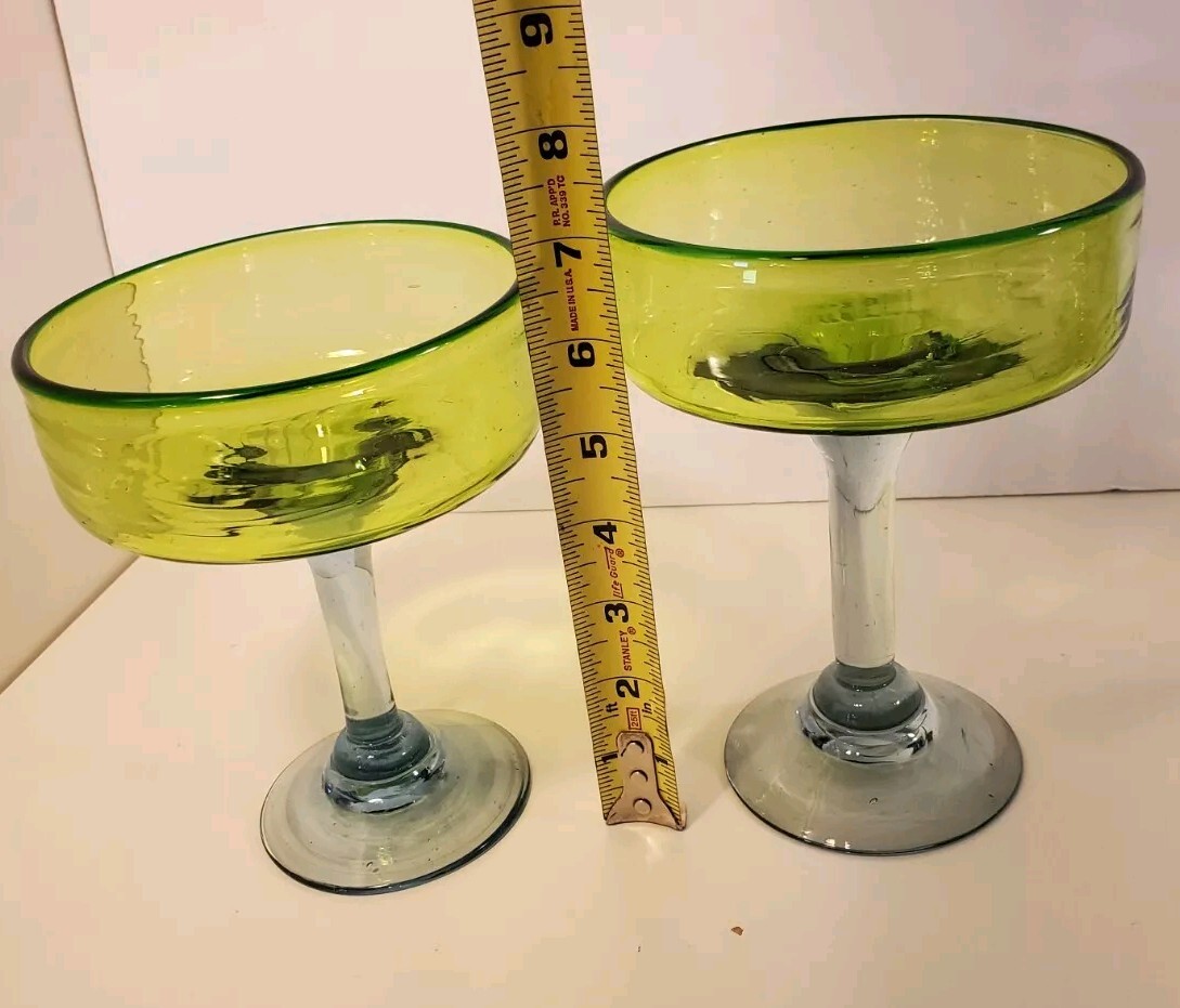Margarita Cocktail Glasses Hand-blown Green With Blue Stem Heavy Set Of 2