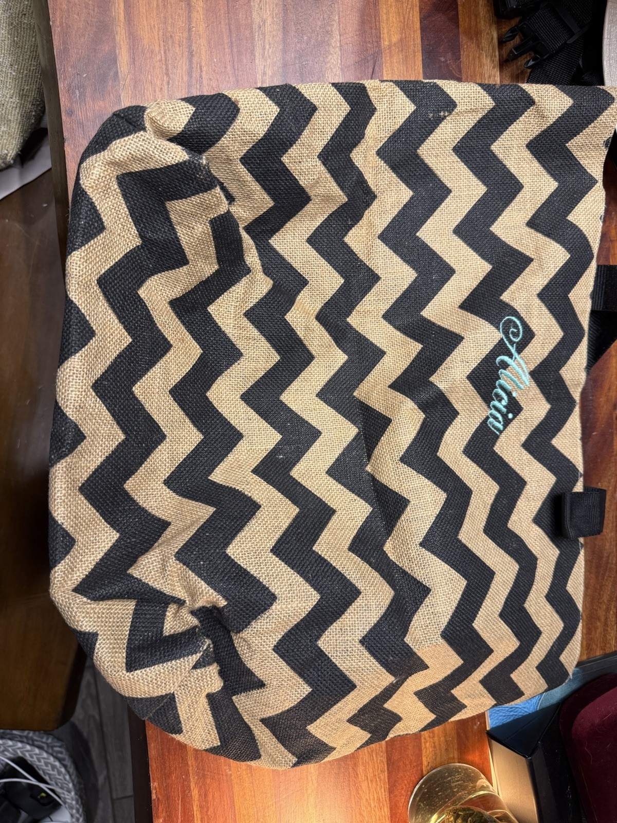 Personalized Alicia Large Chevron Burlap Tote with Zippered Pockets & Lining