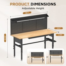 60 IN Workbench With Drawers, Solid Wood Top, 2000 LBS Capacity, Adjustable