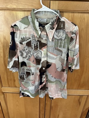 Vintage Campus Casuals 44  M Cottagecore Plant PrInt Dagger Collar Top READ!