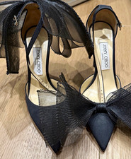Jimmy Choo Black Wool Pointed Toe Pump Ankle Strap Bow Buckle Womens 8.5