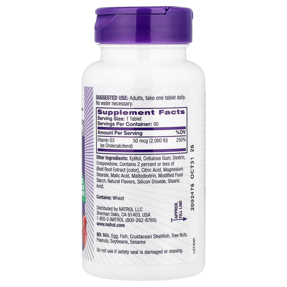 Vitamina D3, Fresa, 2.000 UI, 90 Comprimidos Foto 2 de 3