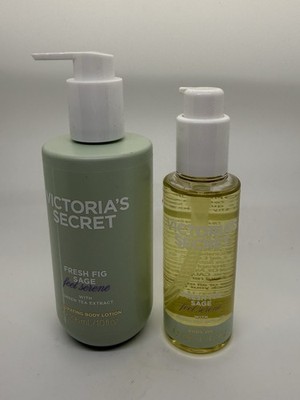 Victoria's Secret Fresh Fig Sage Green Tea Body Oil 4.3oz, Lotion 10oz Set New
