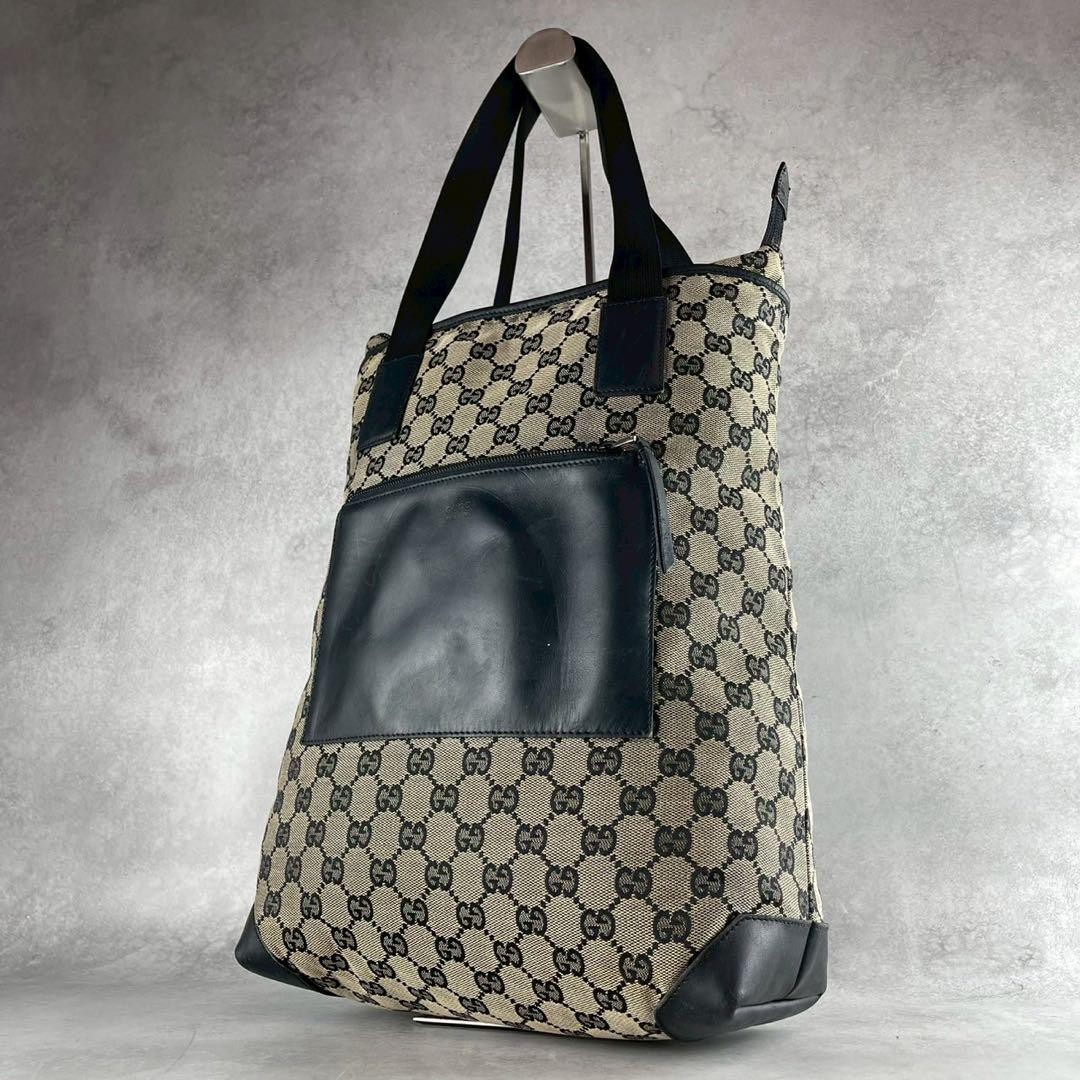 Gucci GG Canvas Large Tote Bag in Black Gray with Leather Trim