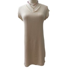 MTS Cream Striped V-Neck Rayon Shift Dress Short Sleeve Size M