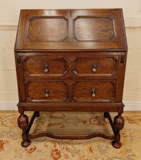 Edwardian Solid Oak Two Drawer Writing Bureau