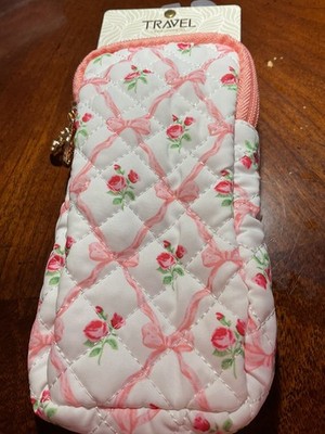 EVOLUTION EYES TRAVEL DOUBLE EYEGLASS CASE 7 X 3 BOWS ROSES PEACH QUILTED NWT