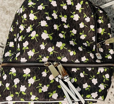 Michael Kors Rhea Floral Medium Backpack Brown/White/Green w/ white wristlet