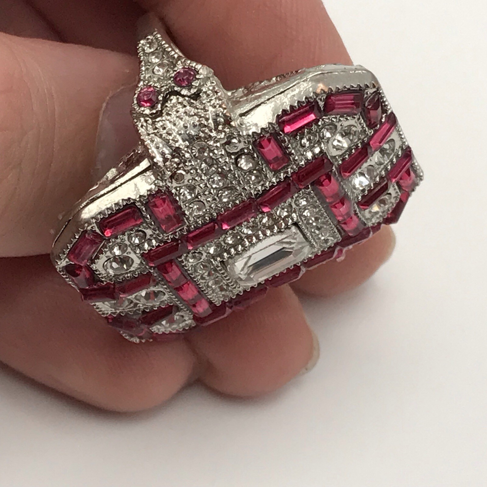 Large Art Deco Style Statement Ring Red Clear Cry… - image 8