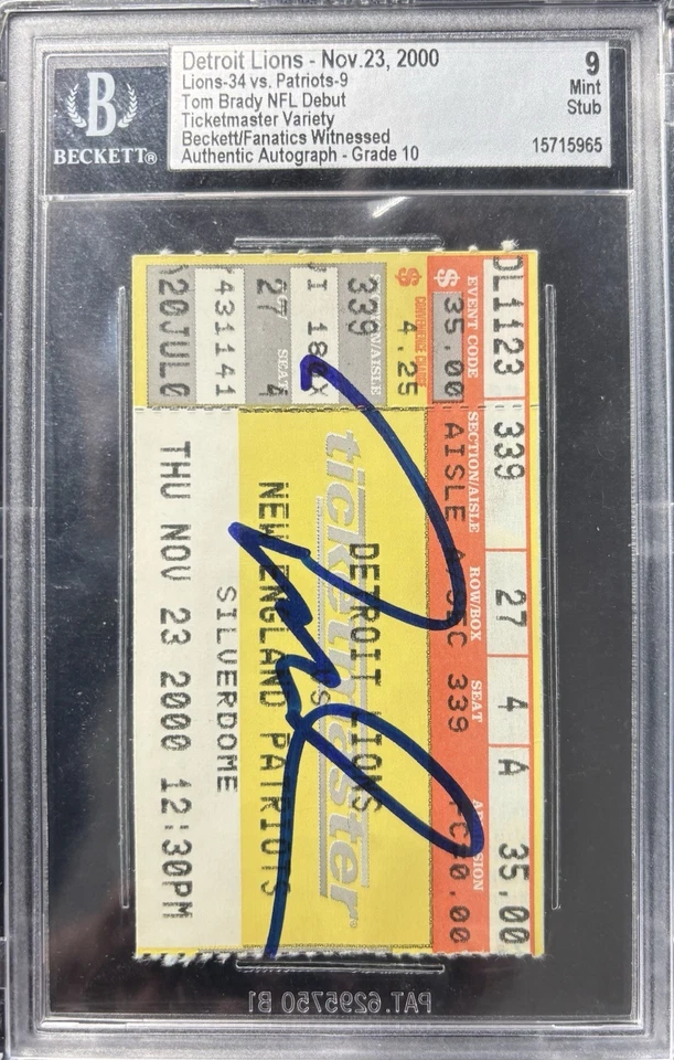 Boleto de debut firmado por Tom Brady 2000 Beckett grado 9/10 autógrafo Fanatics Witness Foto 2 de 4