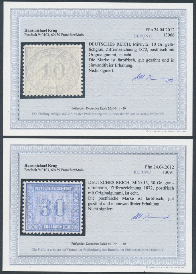 Dt. Reich Innendienst 1872** Michel 12-13 mit 2 Befunden (S27462) - Bild 2 von 2
