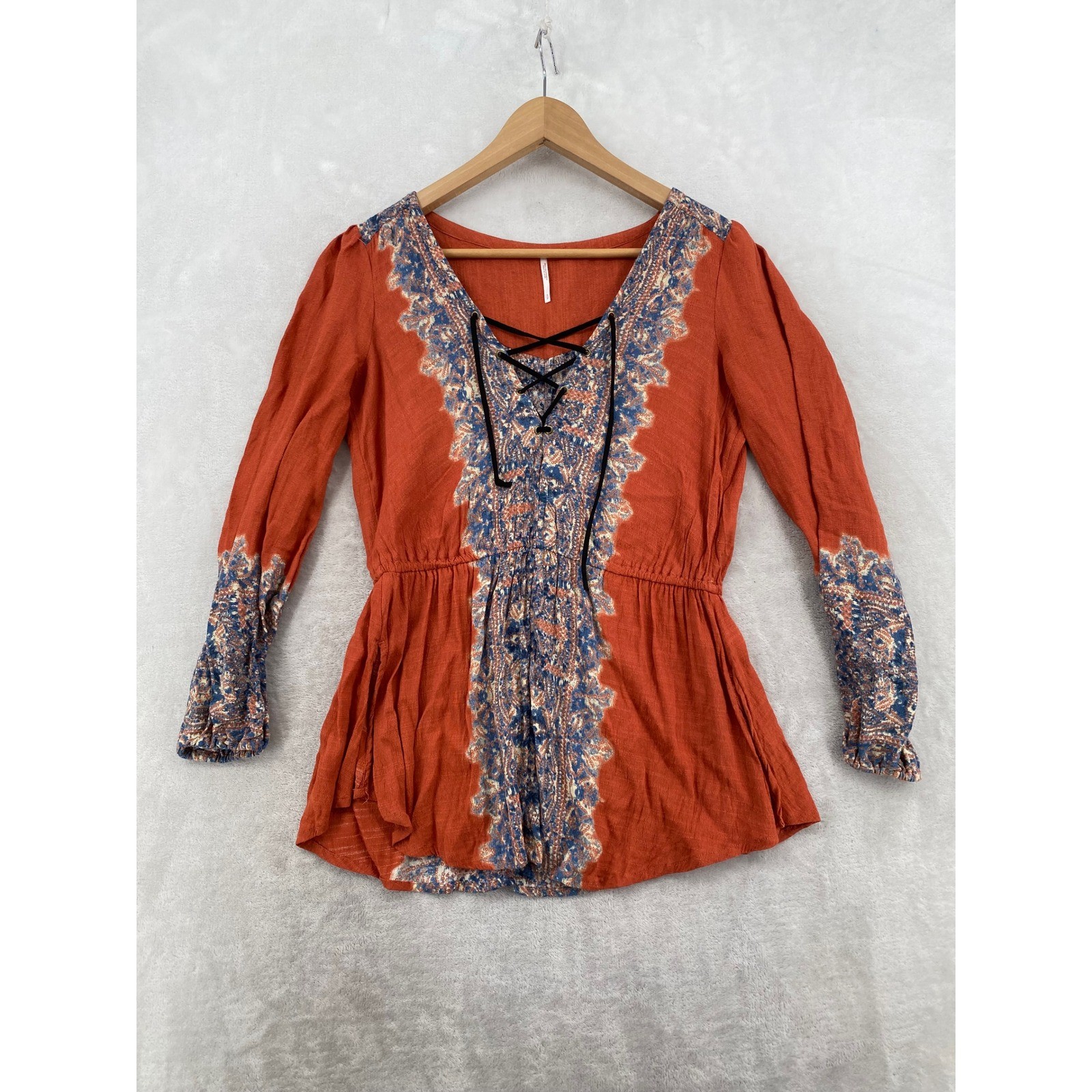 Free People Peasant Blouse Womens Small Rust Orange Paisley Lace Up Boho Top