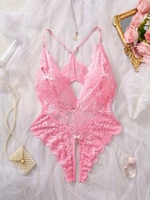 Women Lace Bodysuit Floral Teddy One Piece Adjustable Straps Lingerie