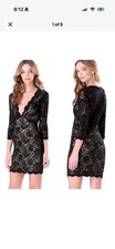 bebe Black Lace Dress Deep V Neck Scallop Edges Size Large Sexy Elegant Stretch