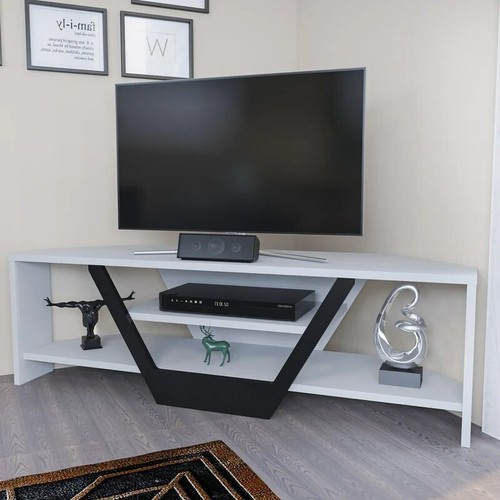Corner TV Stand Wood White Black Media Console Table Entertainment Center Modern 808223385092 eBay