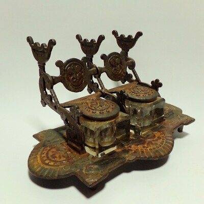Eastlake Antique Victorian Cast Iron Double Glass Inkwells & Pen Holder Rusty