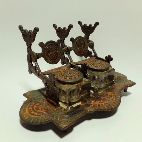 Eastlake Antique Victorian Cast Iron Double Glass Inkwells & Pen Holder Rusty