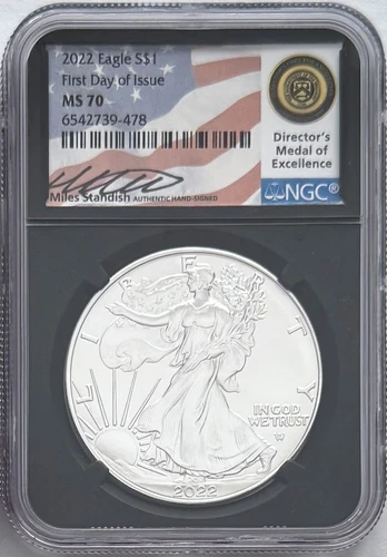 2022 SILVER EAGLE FIRST DAY OF ISSUE NGC MS70 MILES STANDISH SIGNED FLAG LABEL