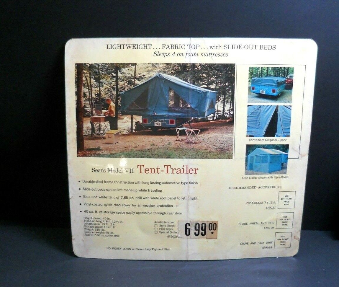 VINTAGE SEARS ROBUCK TED WILLIAMS DOUBLE SIDED LAMINATED AD~TENT TRAILER