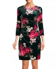 Vince Camuto Floral Print Velvet Bodycon Dress Green 3/4 Sleeve Women Size 2