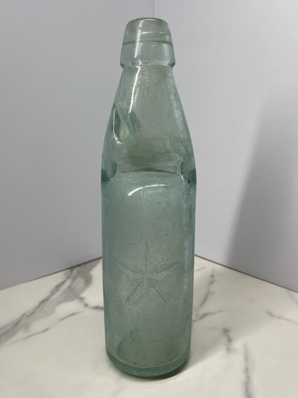 Vintage Soda Bottle Germany Codd Neck Marble Stopper Transparent W/ Star Brand