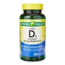 Spring Valley Vitamin D3 Supplement Softgels, 250mcg, 10,000 IU, 200 ct