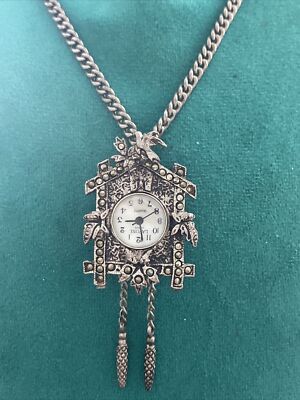 Lavoni Cuckoo Clock Watch Brooch Pendant Necklace Silvertone Marcasite Works