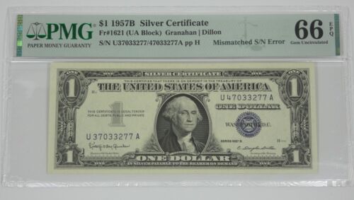 S/N ERROR Series 1957-B Blue Seal $1 Silver Cert Note PMG 66 Gem Unc EPQ Fr#1621