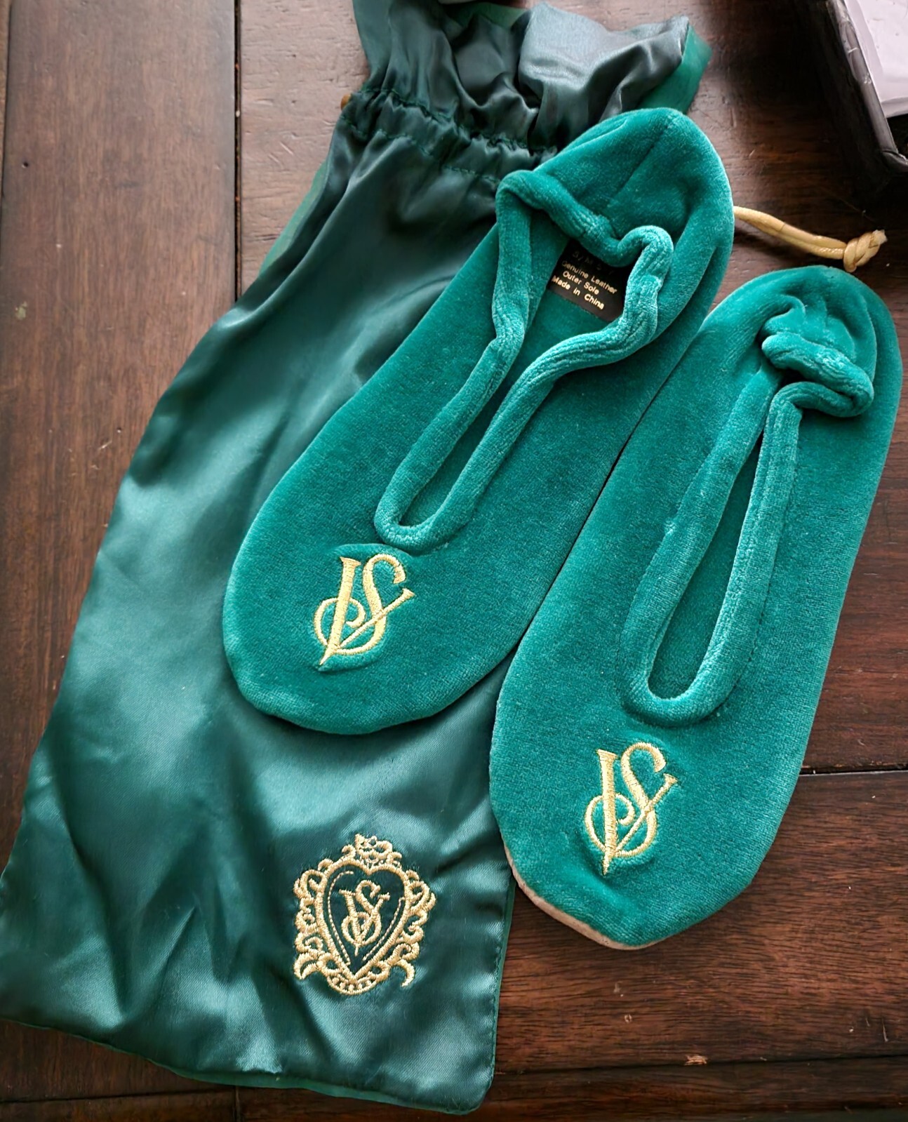 PANTOFOLA D’ORO Pantofole vintage Victoria's Secret balletto boudoir in pelle velluto logo oro S M 5 7