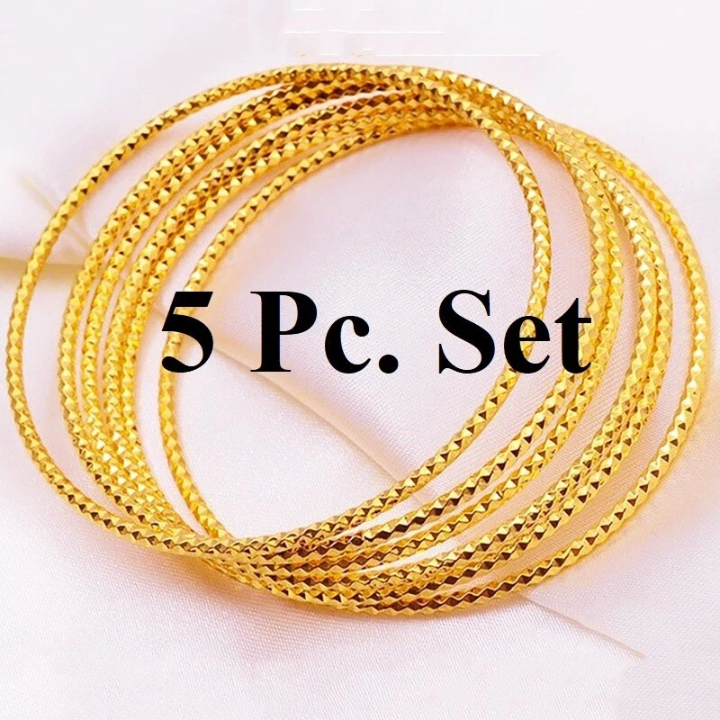 5PcSet 18k Gold Filled On Brass Womens Teens Small 2.5" Dia. Stacking Bangles - Image 4 of 4