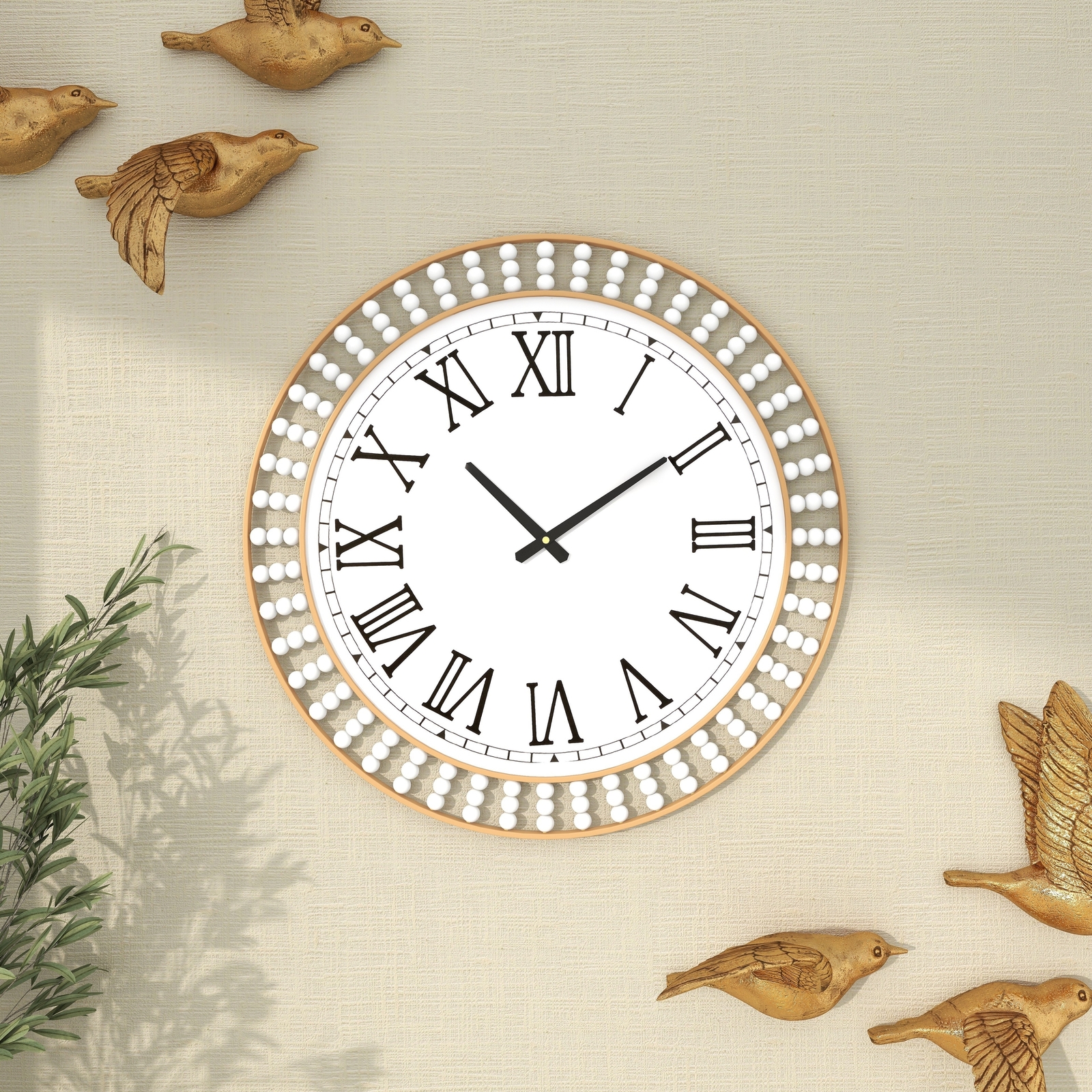 White Metal Wall Clock with Gold Frame and Radial Beading - White 24 x 2 x 24
