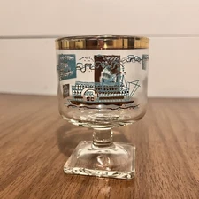 Libbey Southern Comfort Steamboat Footed Bar Glass Gold Turquoise 1968 Vintage