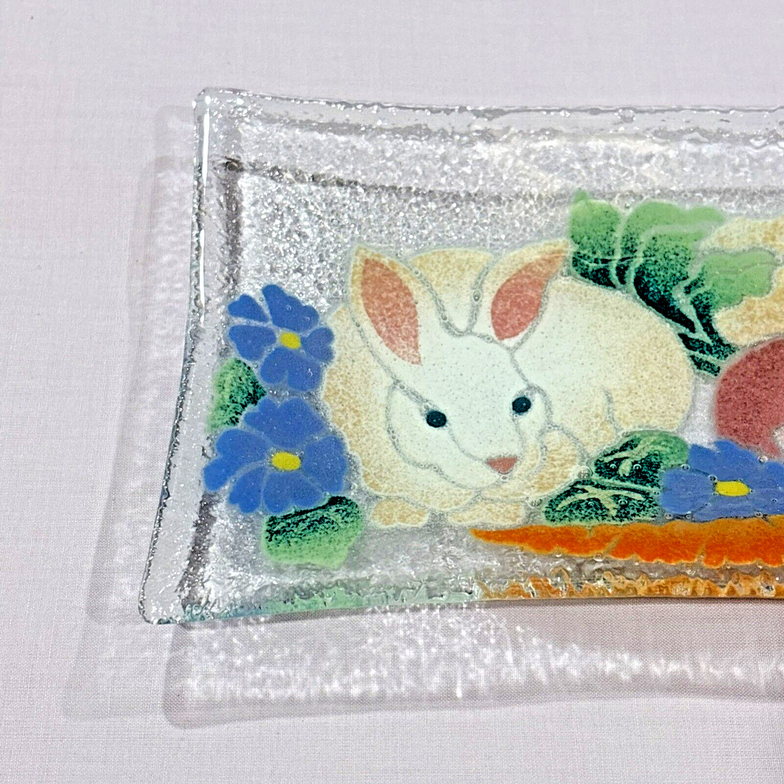 Signed & Dated Peggy Karr Fused Art Glass Tray Platter Bunny Rabbit 9.75 x 5.75