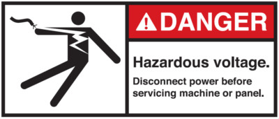 Warnaufkleber''DANGER Hazardous voltage. Disconnect power..''35x80/45x100/70x160mm