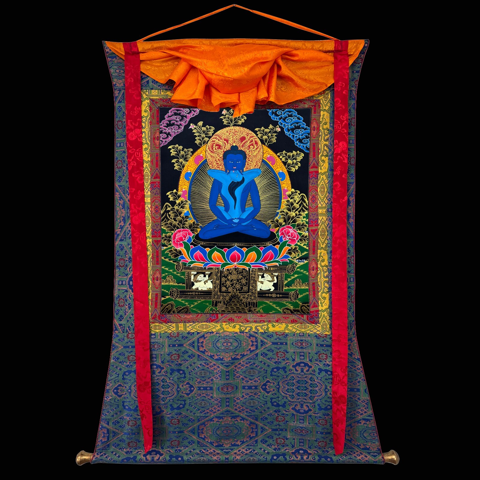 Silk Brocade Mounted Hand Painted Buddha Shakti Thangka Painting