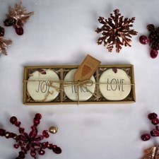 Rae Dunn White Black Ceramic Love Peace Joy Shiny Disc Ornament Set of 3 NEW