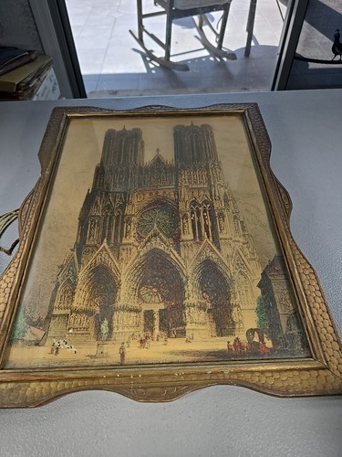 Antique Framed Rheims Cathedral In France Lithograph Early 1900s In Sepia - Picture 4 of 17